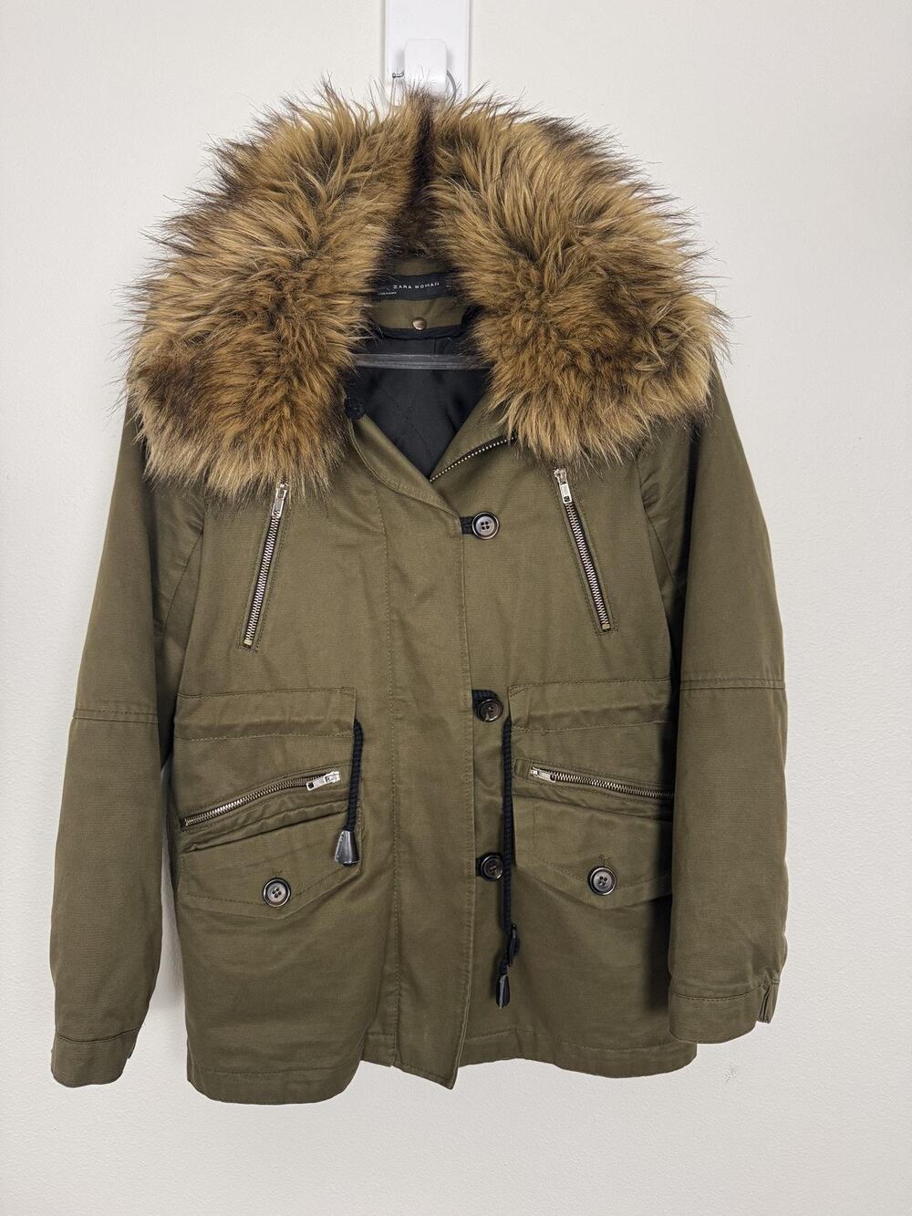 Y2K Zara Coat Womens XS Green Faux Fur Hooded Parka Twill Zip Pockets 2000s